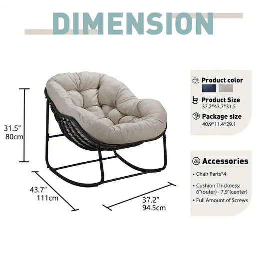 Fauteuil à Bascule en Rotin Surdimensionné 🪑 – Design Ovale, Coussin Moelleux, Résistant aux Intempéries, Confort Absolu Beige